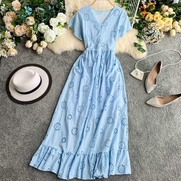 

party dresses 2021 summer clothes for women short sleeve v-neck slim a-line robe fashion hollow ladies solid boho sandy beach maxi dress, White;black