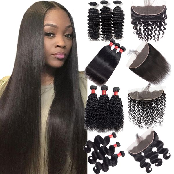 

перуанский deep завитые связки с фронтальным закрытие deep wave 3 пачки с фронтальным 4x13 кружева фронтальная с узелками kinky завитые чело, Black;brown