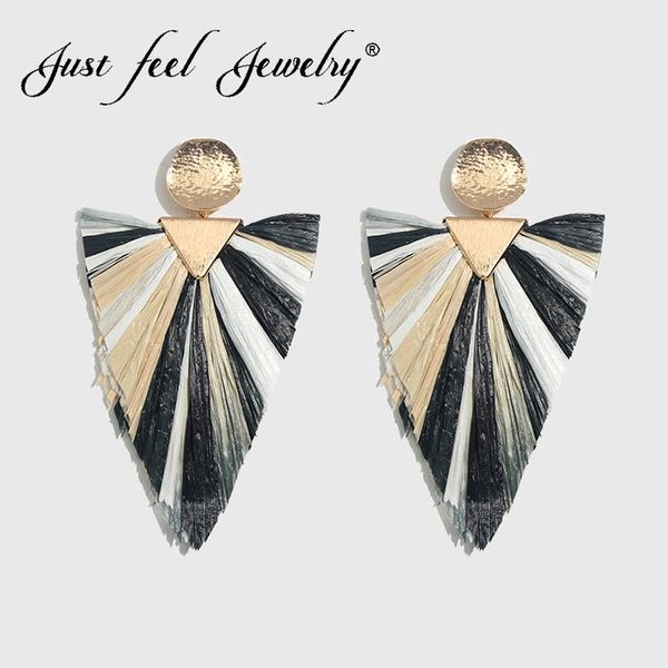 

just feel 2019 boho handmade straw weave vintage drop earrings for women girl wedding geometric gold color dangle earring, Silver