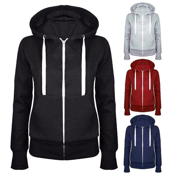 

casual women solid color long sleeve hoodie winter warm zipper hooded sweatshirt women's hoodie long sleeve zipper closure sweat, Black