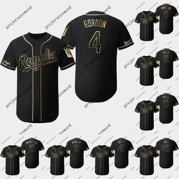

Kansas City 4 Alex Gordon 2019 Golden Edition Jersey Billy Hamilton Jorge Soler 13 Salvador Perez Whit Merrifield Royals Baseball Jerseys