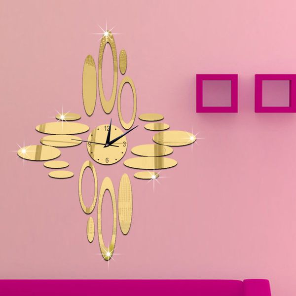 

oval 3d acrylic self-adhesive quartz clock living room study office classroom silent mirror gold sliver wall clock custom made