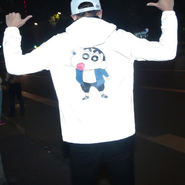 

2019 men women luminous jackets reflective cartoon hooded jackets female male plus size windbreaker fluorescent couples clothes, Black;brown