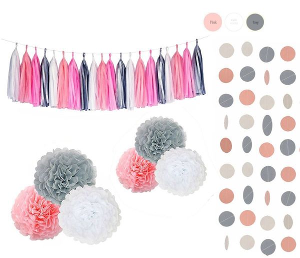 

10pcs mixed pink grey white tissue paper pom poms paper tassel polka dot circle garland for baby shower wedding party de