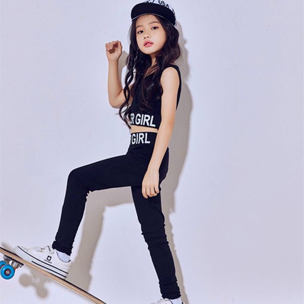 

new kids jazz dance costumes hip hop ballroom dancing wear girls black modern dance suit + pants leisure street dancewear, Black;red