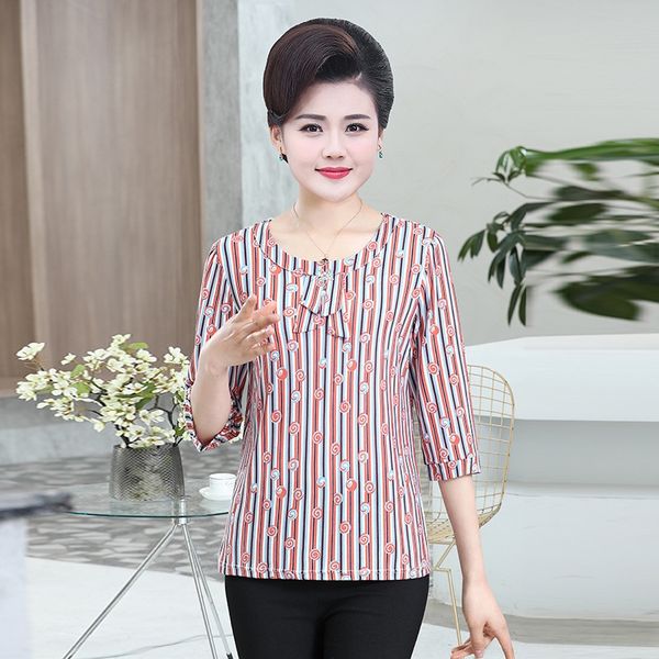 

2020 middle-aged and elderly women's round collar floral t- 40-50 years old large size mother's wear medium coat t-shirt sleeve ba, White