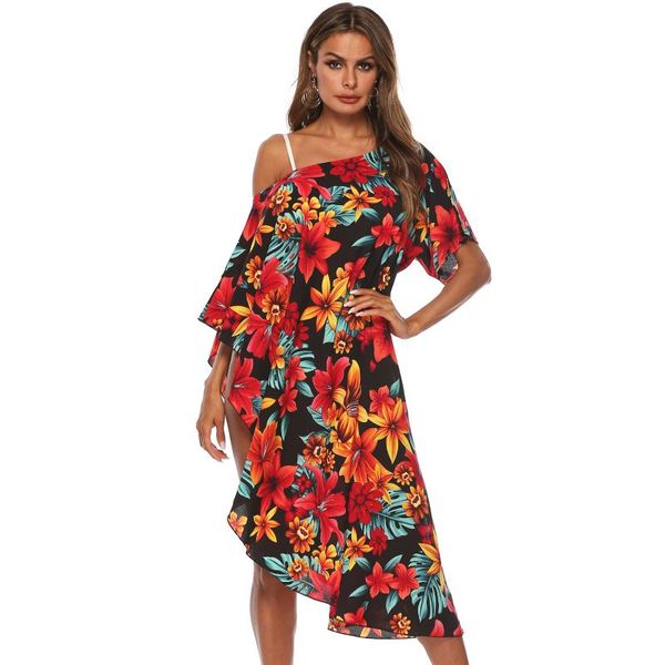 

cover-ups beach bohemain plus size off shoulder midi dress women floral print bathing bikini cover up swimwear beachwear kaftan robe
