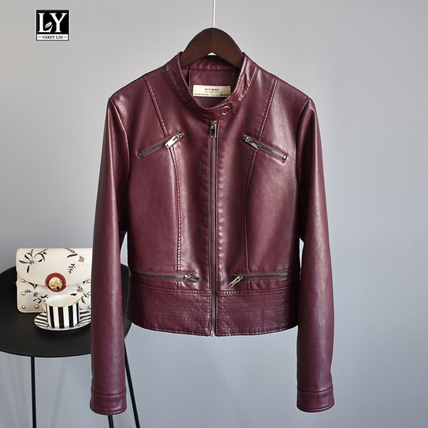 

ly varey lin autumn women pu leather jacket coats stand collar long sleeve faux soft leather motorcycle zipper slim outerwear, Black