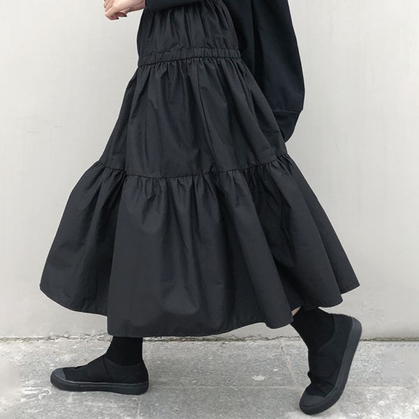 

xuxi spring autumn 2020 new high elastic waist black pleated split temperament cake half-body skirt women fashion tide fz0452
