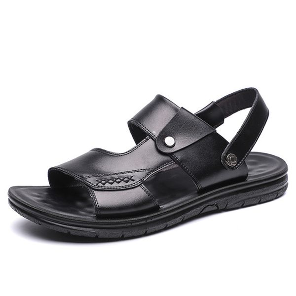 

men's summer first layer leather sandals men's fashion wild tide beach shoes soft bottom non-slip sandals and slippers, Black