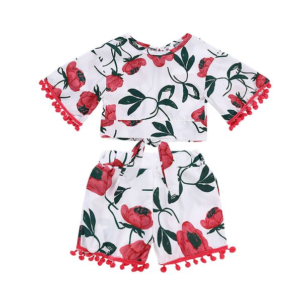 

summer girl suit white flower horn sleeve shirt tassel ball+ball wide leg pants 2pcs girls 'clothes set