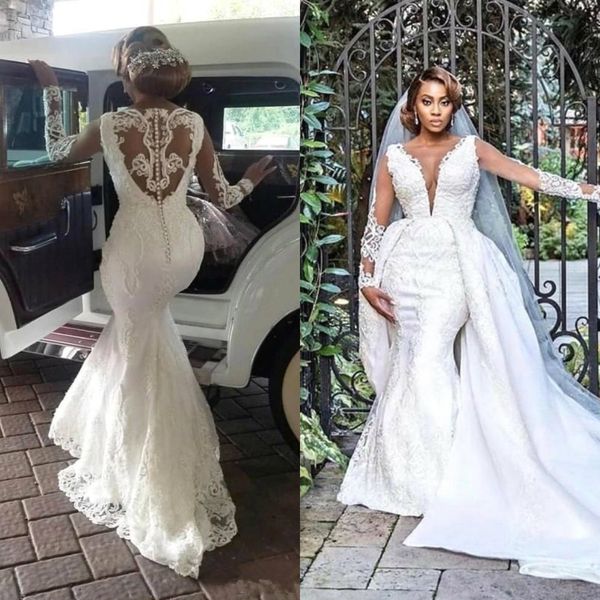 

elegant mermaid wedding dresses with detachable train 2020 luxury lace applique beaded long sleeve plus size bridal wedding gowns, White