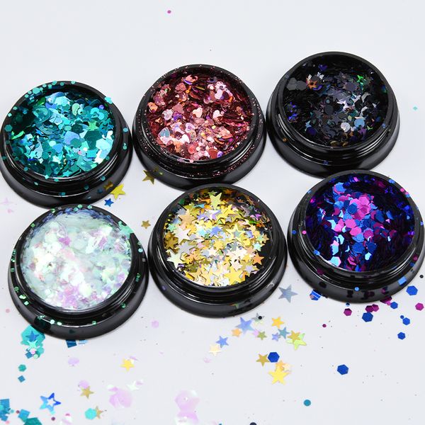 

1 pot nail glitters laser sequins hexagon/round/pentagram star laser micro sticker 3d manicure pedicure flakes decorations pt066, Silver;gold