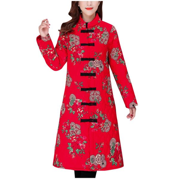 

long women winter jackets and coats plus size womens parka outwear button floral print coat buttons women coats winter jacket, Black