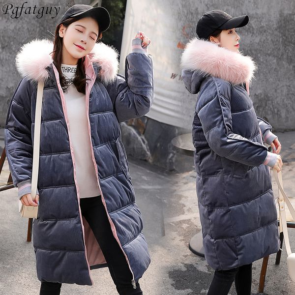 

2018 женщины зима большой меховой воротник с капюшоном синий ветровки пальто зимы золотой бархат вниз хлопка проложенные куртки jaqueta femi, Black