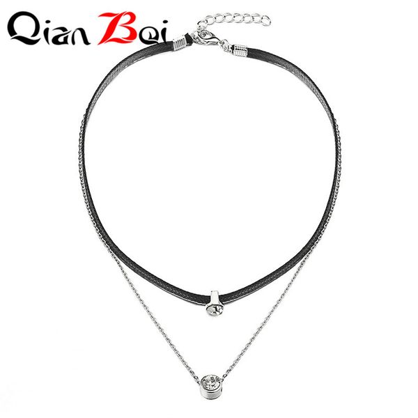 

qianbei fashion black velvet leather vintage retro necklaces pendant statement double layer necklace for women jewelry, Golden;silver