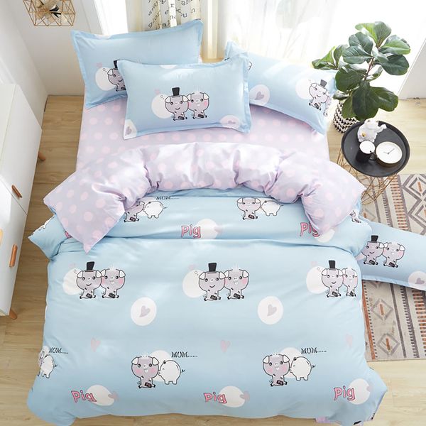 King Size Bedding Set Pigs Cartoon Cute Romantic Blue Duvet Cover