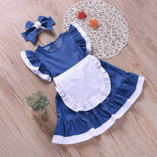 

easter dress baby girls flying sleeve patchwork dresses sets with bowknot headbands cute kids soft denim cotton design clothing clothes, Red;yellow