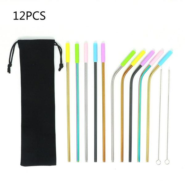 

12pcs stainless steel drink straw set rainbow straw with silicone sleeves and cloth bag straight bend tube milk juice