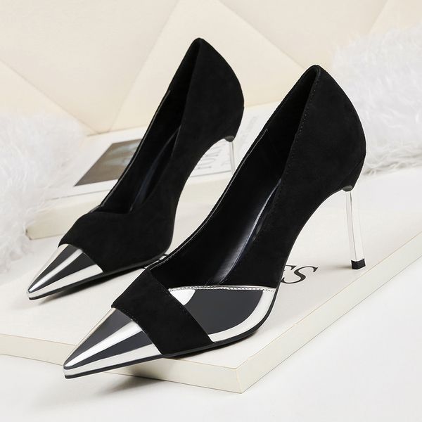 

women shoes high heels pointed toe suede patchwork leather shallow mouth metal fine heel pump spring fashion shoes zapatos mujer, Black