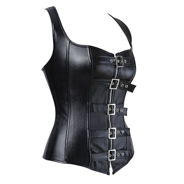

caudatus faux leather corset woman zip leather corset buckle bustier steampunk gothic studded corset corselet straps vest, Black;white