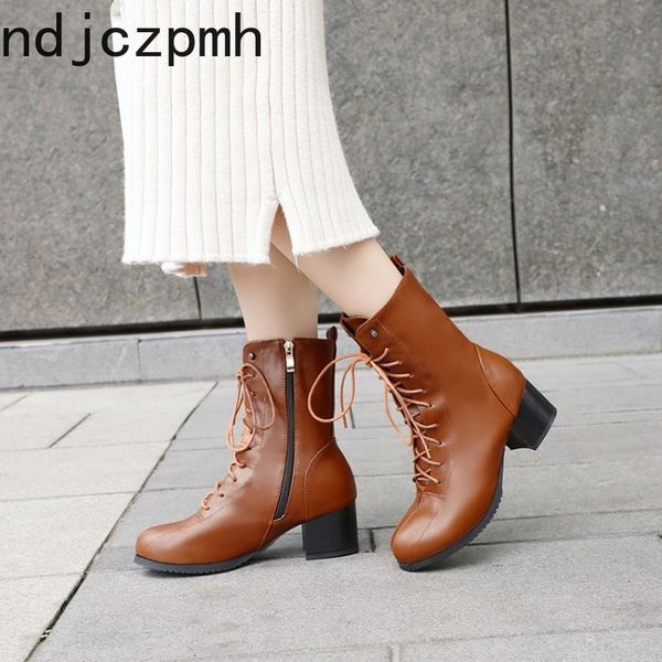 

women's boots the new autumn and winter round head fashion zipper lace-up mid heel ankle boots women's shoes plus size 32-43, Black