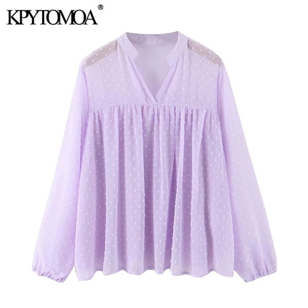 

kpytomoa женщины 2020 мода semi-отвесно dot шифон блузы vintage v шеи длинным рукавом сыпучие женские рубашки blusas шикарные tops, White