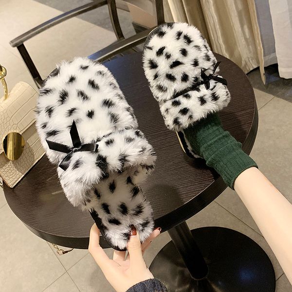 

fur shoes butterfly-knot flock slippers casual loafers low slides cover toe slipers women plush soft leopard luxury flat, Black