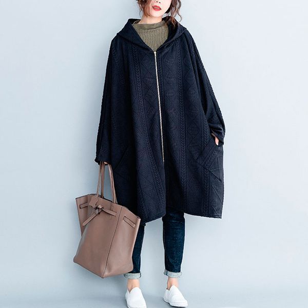 

women winter thick jackets plus size long outwear vintage zipper cardigan batwing sleeve female loose black coats, Black;brown