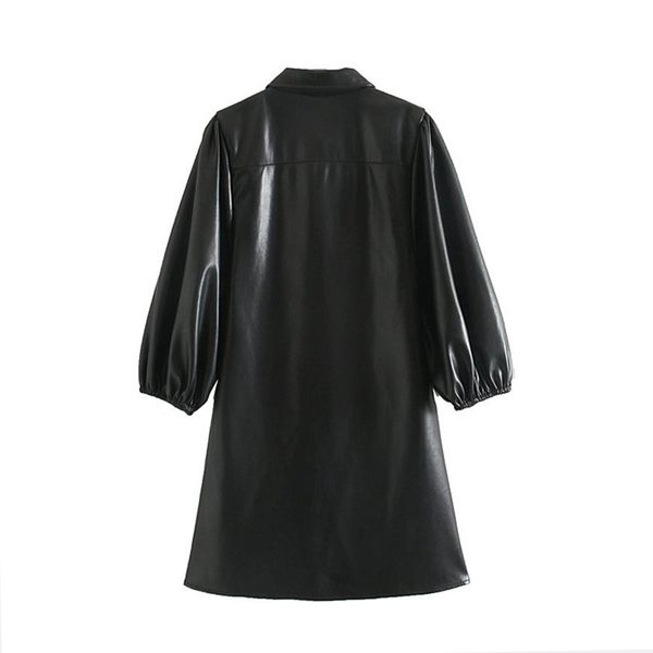 

women black color pu leather mini dress lantern long sleeve streetwear female dresses a line turn down collar sundresses, Black;gray