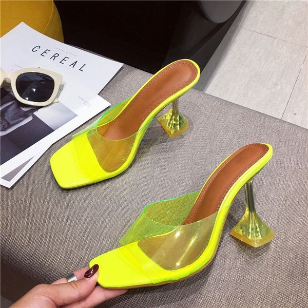 

yellow pvc jelly sandals crystal open toe perspex sike high heels crystal women transparent heel sandals slippers 9cm pumps t200618, Black