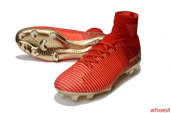 

red gold children soccer cleats mercurial superfly 100% original kids soccer shoes high ankle cristiano ronaldo mens womens football boots