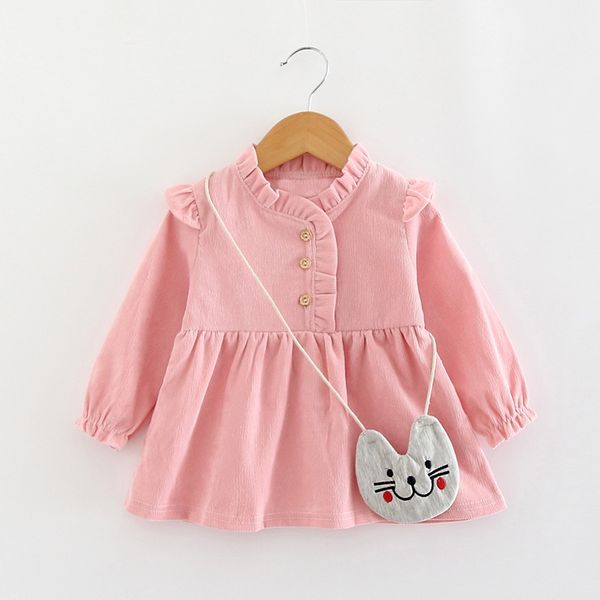 

осень повседневные ребёнок твердые печати с длинным рукавом платье дети малыши sundress с мультфильм сумка, Red;yellow