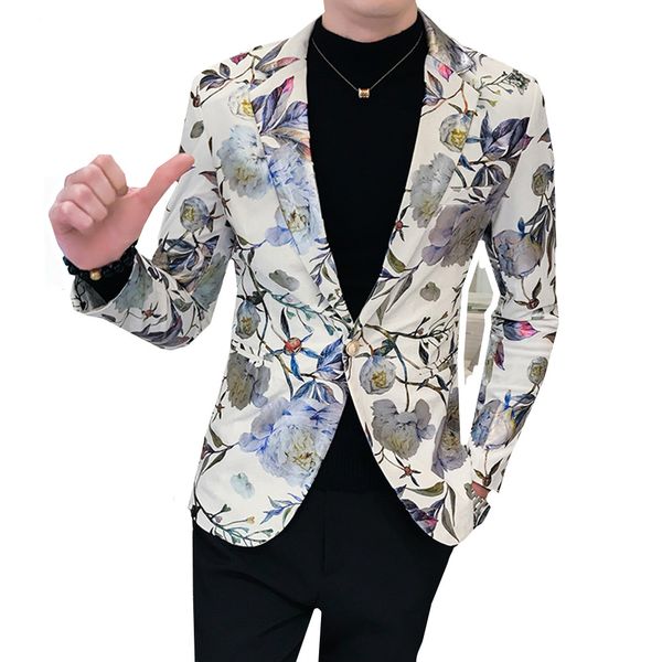 

new men blazer luxury flowers allover printing prom suit blazers single button party male nightclub slim fit wedding suit jacket, White;black