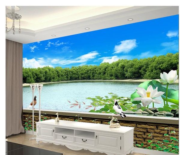 3D Paesaggio Water Lotus Flower Flower and Bird Imitation Brick Pattern Download wallpaper per pareti 3 d per soggiorno