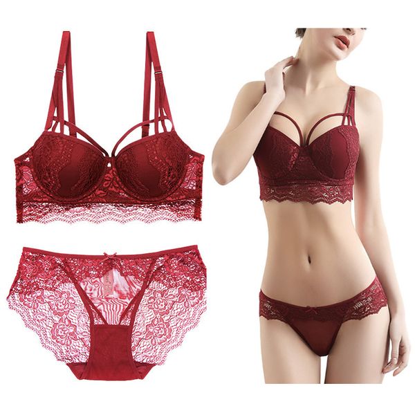 

summer underwear set cotton push-up bra and panty sets 3/4 cup lace lingerie set women adjusted-straps deep v brassiere, Red;black