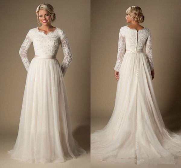 

A-Line Lace Tulle Wedding Dresses Spring Garden Simple Long Sleeves Sheer Sleeves Trains Zip Back Bridal Gown Plus Size Arabic