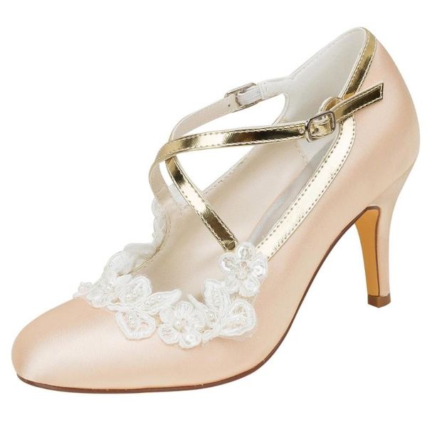 

high heel satin cross straps light gold wedding shoes with white lace, Black