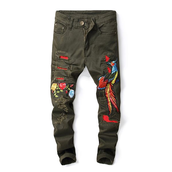 

2019 new hip hop famous flower phoenix embroidered jeans straight slim fit mens army green biker hole distressed denim trousers, Blue