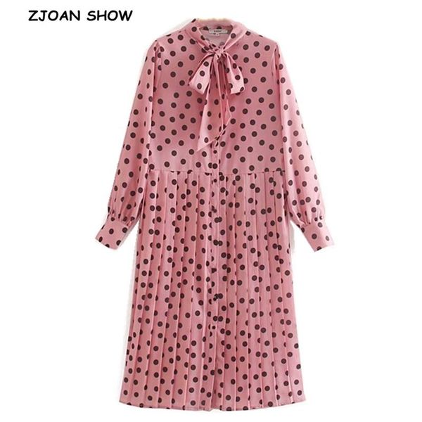 

2019 women dem pleated pink black polka dot shirt dress tide bow collar long sleeve loose mid calf long dresses femme vestido, Black;gray
