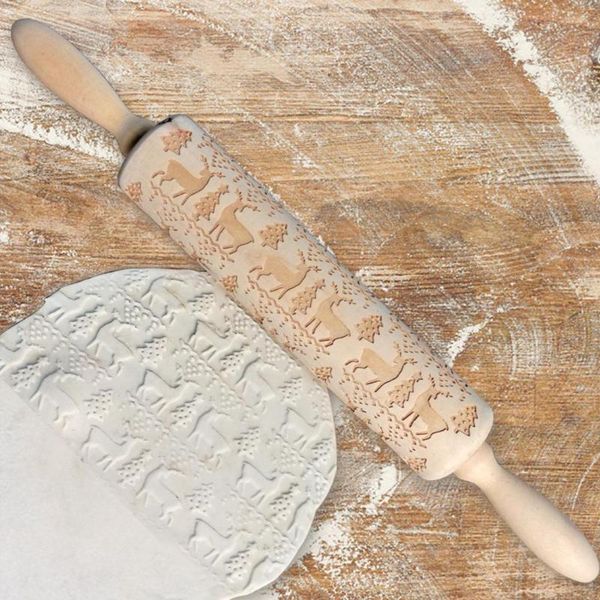 

christmas snowflake elk wooden rolling pin baking cookies fondant dough engraved roller diy tool christmas embossing rolling pin