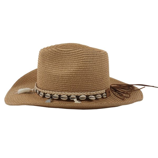 

shell tassels cowgirl summer hat straw hat for women men western cowboy lady trendy woven sun beach cap khaki, Blue;gray