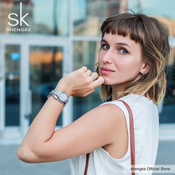 

shengke fashion watches women ladies quartz elegant wrist watch female clock sliver bracelet watch ladies girls watch style, Slivery;brown