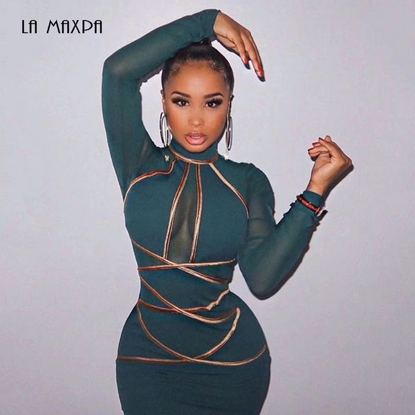 

2019 осень новый высокое качество зеленый красный с длинным рукавом сетки bodycon район повязку платье мода знаменитости платье партии, Black;gray