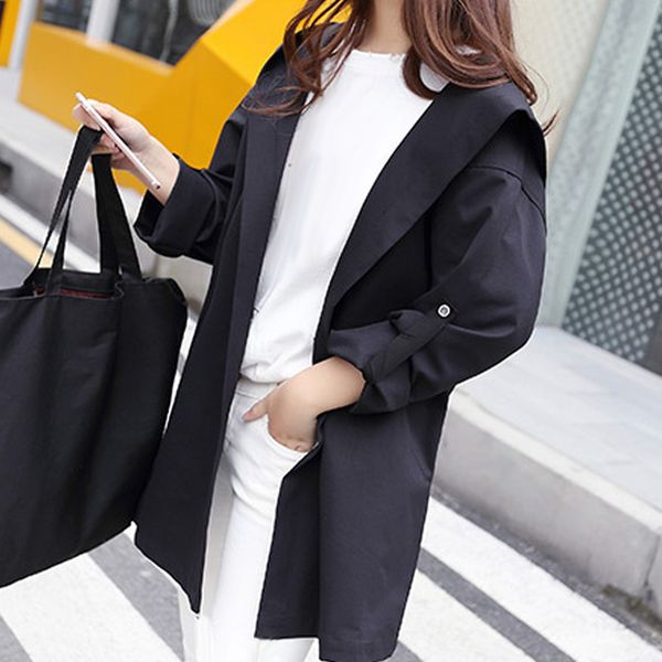 

women girl autumn coat hooded loose medium long preppy style spring trench coat bhd2, Black;red
