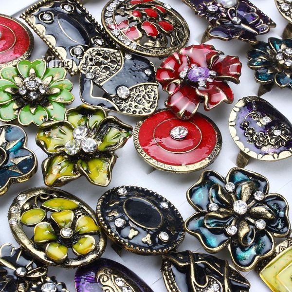 

yingwu fashion new accessories flower retro glaze ring silver tone rhinestone rings 20pcs wholesale, Slivery;golden