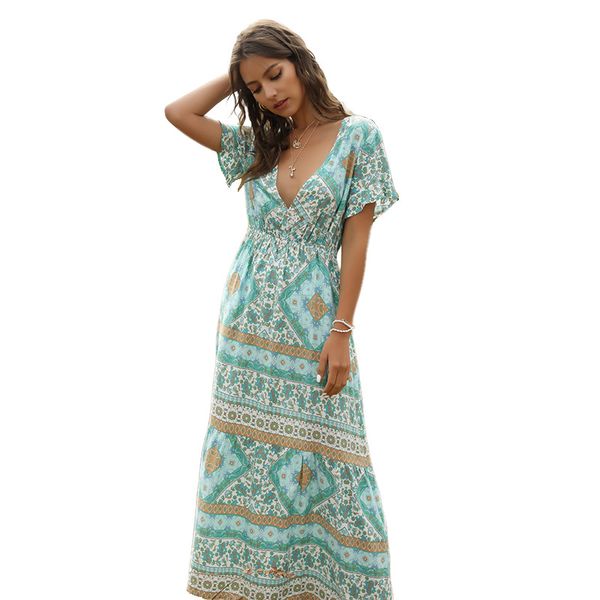 

bohemian fashion print long v-neck dress