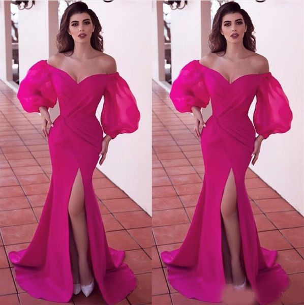 

fuchsia formal evening dresses wear party prom gowns labourjoisie celebrity dresses arabic lace mermaid off shoulder front split, Black;red