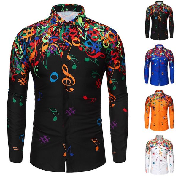 

mens spring autumn shirts casual slim fit streetwear musical note printed blouse male dress shirt long sleeve, White;black
