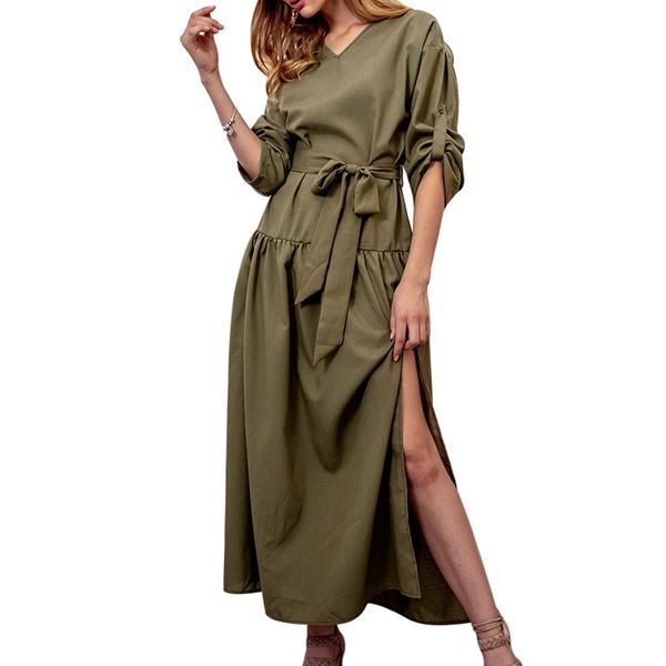 

2020 new vintage women's summer dress v-neck slim waist solid ruffled long dress boho half sleeve party, White;black